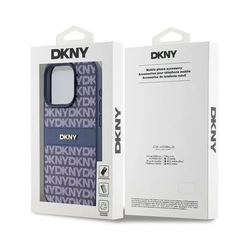 DKNY Leder Mono Stripe & Metall-Logo Hülle für iPhone 15 Pro - Blau