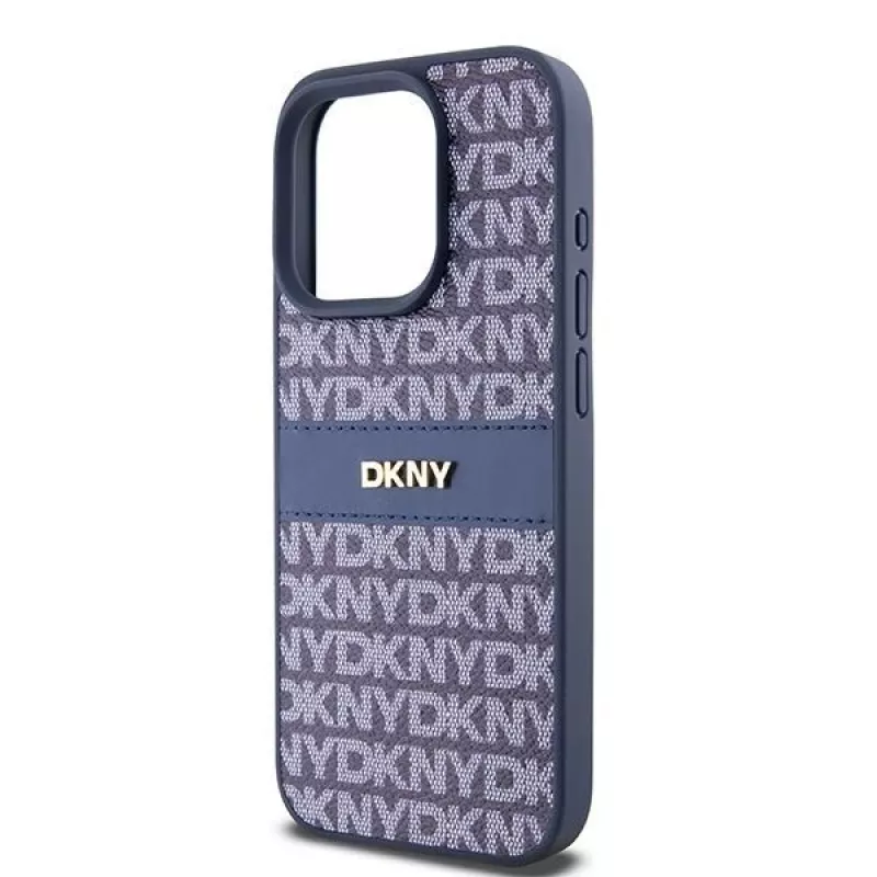 DKNY Leder Mono Stripe & Metall-Logo Hülle für iPhone 15 Pro - Blau