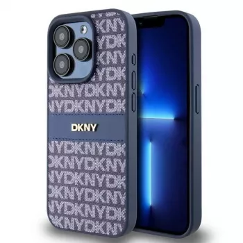 DKNY Leder Mono Stripe & Metall-Logo Hülle für iPhone 15 Pro - Blau