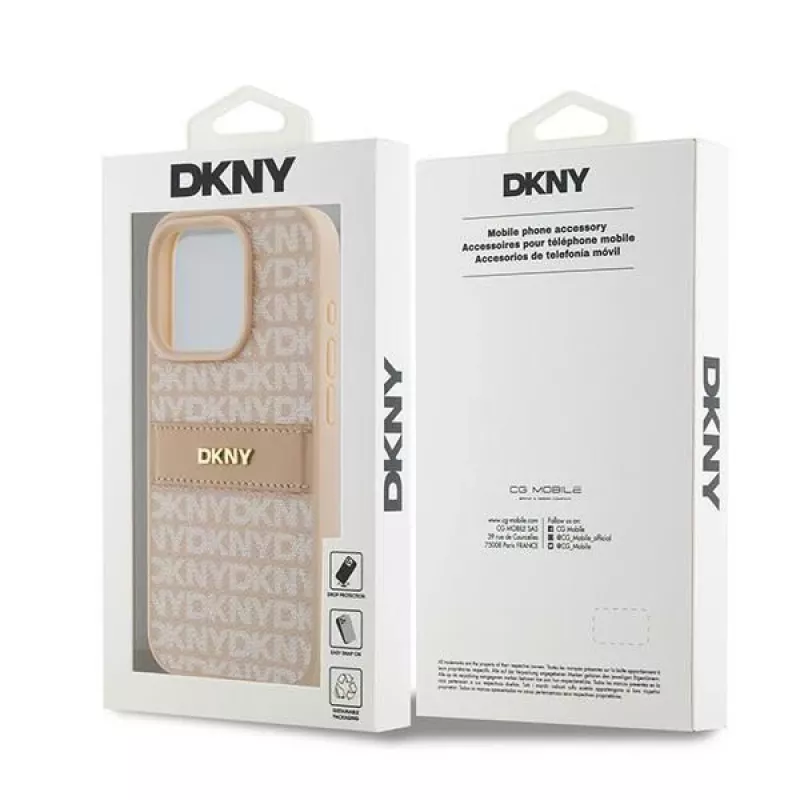 DKNY Leder Mono Stripe & Metall-Logo Hülle für iPhone 15 Pro - Pink