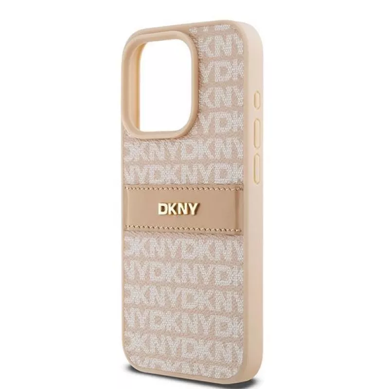 DKNY Leder Mono Stripe & Metall-Logo Hülle für iPhone 15 Pro - Pink