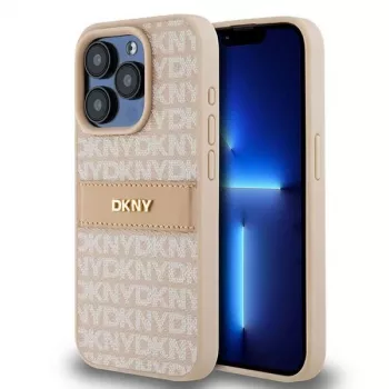DKNY Leder Mono Stripe & Metall-Logo Hülle für iPhone 15 Pro - Pink