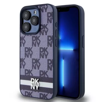 DKNY PU-Leder Case mit Karomuster und Streifen für iPhone 15 Pro Max Blau