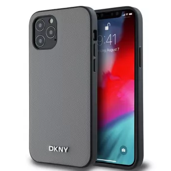 DKNY PU-Leder MagSafe Hülle für iPhone 12/12 Pro mit silbernem Metall-Logo - Grau