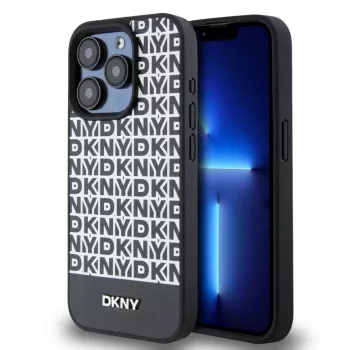 DKNY PU-Leder Case mit Repeat-Muster und unterem Streifen für iPhone 14 Pro Max - Schwarz