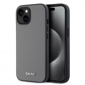 DKNY PU-Leder Silber Metall-Logo MagSafe Hülle für iPhone 13 - Grau