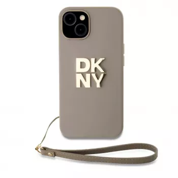 DKNY PU-Leder Stack Logo Handgelenkriemen-Hülle für iPhone 13 Pro Max Beige