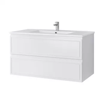 DOMOLETTI SA 90DL-2 Wandmontierter Badezimmerschrank mit integriertem Keramikwaschtisch, Hochglanzweiß, 900mm, 2 Soft-Close-Schubladen