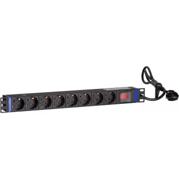 DSIT DS-8PDU-S 19-Zoll-Rack-PDU mit Schalter, 8x Schuko-Steckdosen, 2m Kabel, 16A/3680W – Schwarz/Silber