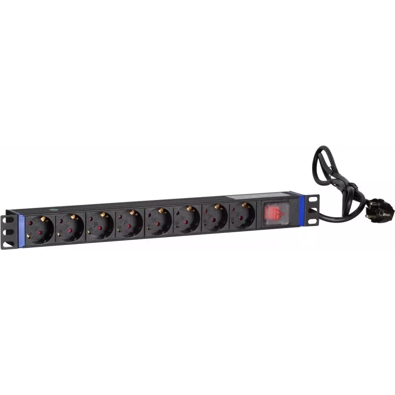 DSIT DS-8PDU-S 19-Zoll-Rack-PDU mit Schalter, 8x Schuko-Steckdosen, 2m Kabel, 16A/3680W – Schwarz/Silber