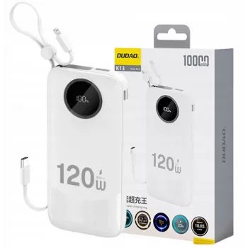 Dudao 120W Fast Charge Powerbank mit integriertem Kabel und Digitalanzeige, 10000mAh, Weiß