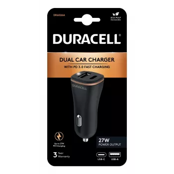 Duracell Power Travel Ladegerät 12V USB-A + USB-C 18W PD Auto-Ladegerät DR6026A