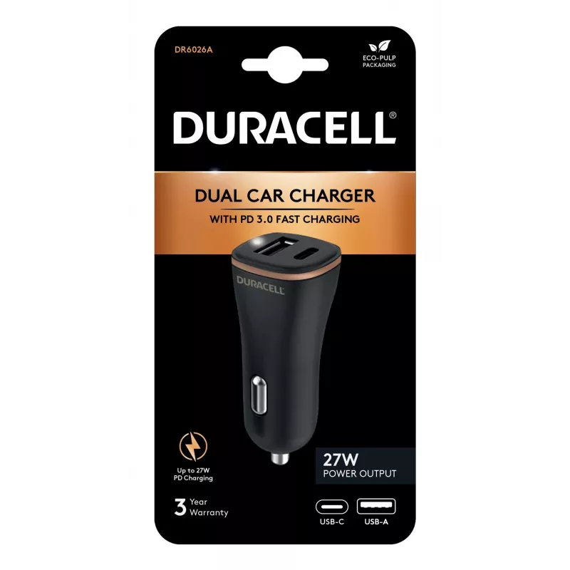 Duracell Power Travel Ladegerät 12V USB-A + USB-C 18W PD Auto-Ladegerät DR6026A