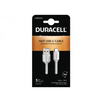 Duracell USB5031W USB-A auf USB-C Kabel 1m USB 3.2 Gen 1 5Gbps Weiß