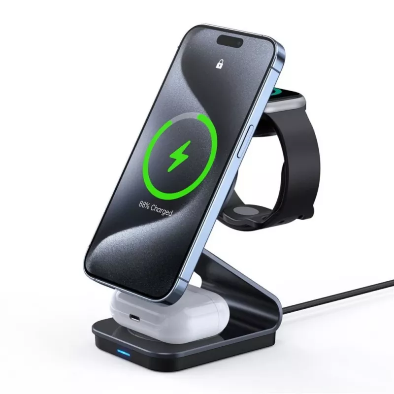 Duzzona W21 3-in-1 15W Wireless Charging Stand Phone Earphone Watch Charger (Qi2 Certified) Transparent