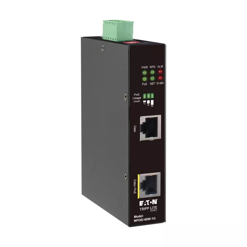 Eaton Tripp Lite Series Industrial Gigabit PoE++ Injektor, 60W, 802.3bt, Midspan, -40°C bis 75°C, IP30, Dual 24-57VDC, DIN-Schiene, 1-Port, Schwarz