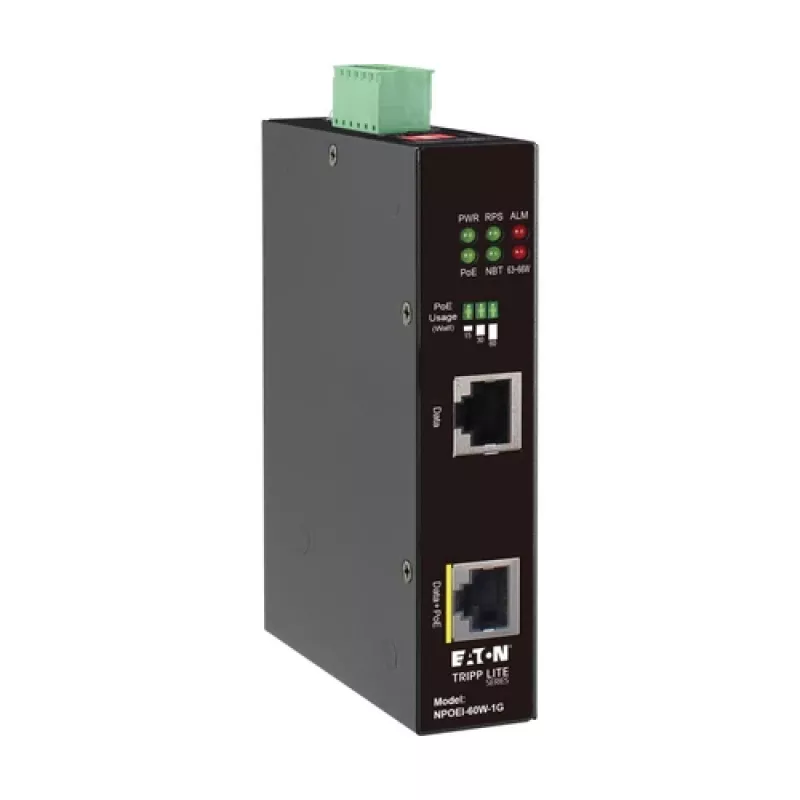 Eaton Tripp Lite Series Industrial Gigabit PoE++ Injektor, 60W, 802.3bt, Midspan, -40°C bis 75°C, IP30, Dual 24-57VDC, DIN-Schiene, 1-Port, Schwarz