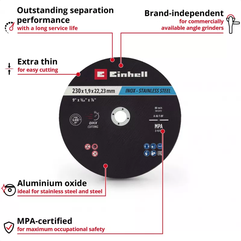 Einhell 230 x 2,0 mm dünne Trennscheiben für Winkelschleifer, 10er-Pack 711524
