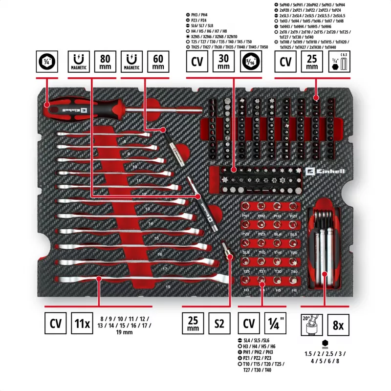 Einhell E-Case 201-teiliger Mechaniker-Werkzeugsatz (Chrom-Vanadium-Stahl, stapelbar) (370513)