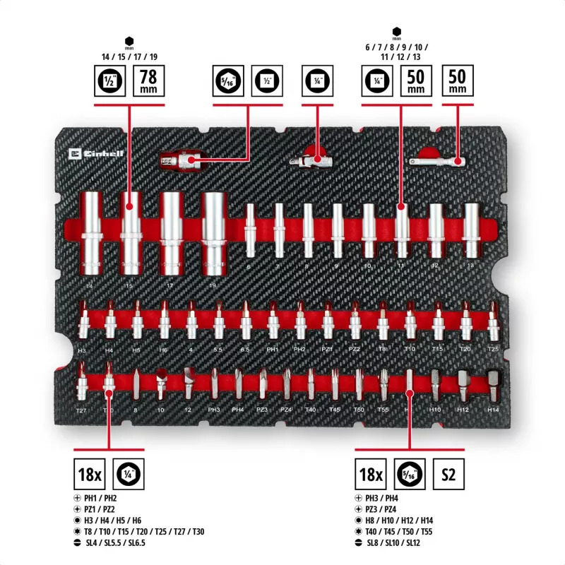 Einhell E-Case 92-teiliges Werkzeugset (370514) - Chrom-Vanadium-Stahl, Schwarz/Rot