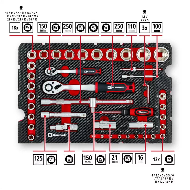 Einhell E-Case 92-teiliges Werkzeugset (370514) - Chrom-Vanadium-Stahl, Schwarz/Rot