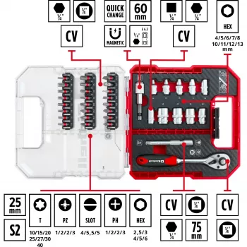 EINHELL-KWB Steckschlüssel- und Bit-Set 1/4 Zoll 37-teilig im L-CASE