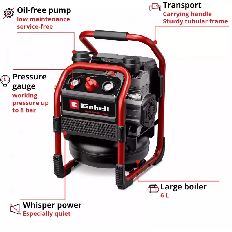 EINHELL Power X-Change Akku-Kompressor SILENZZO 18/160, 18V (Rot/Schwarz, ohne Akku und Ladegerät)