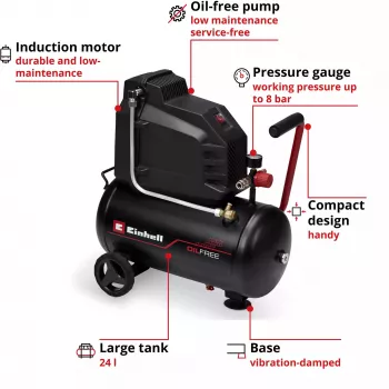 EINHELL TC-AC 190/24/8 I OF Ölfreier Kompressor, 1100 W, 24 L Tank, 8 bar, Schwarz