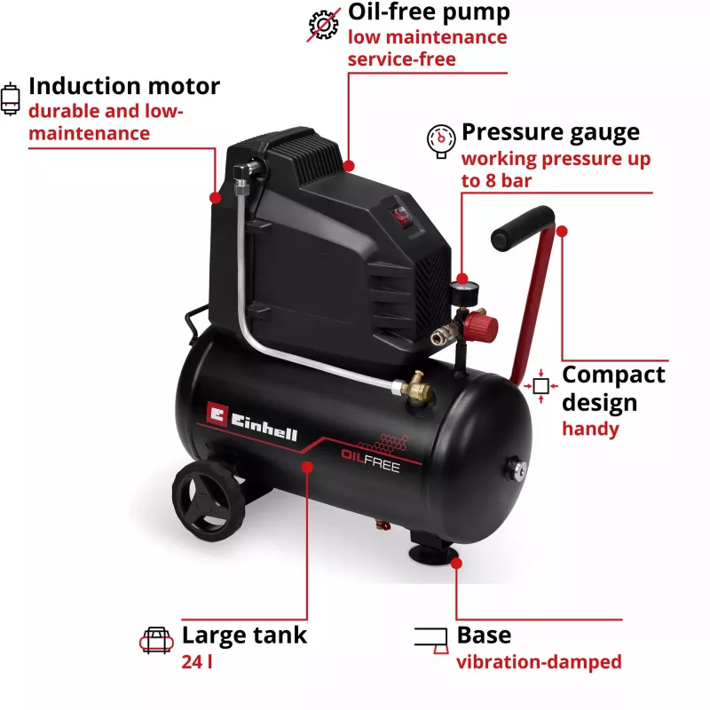 EINHELL TC-AC 190/24/8 I OF Ölfreier Kompressor, 1100 W, 24 L Tank, 8 bar, Schwarz