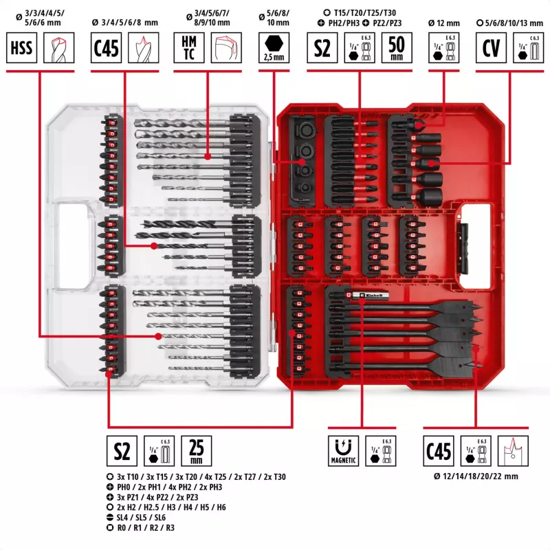 EINHELL XL-CASE Impact Bit and Drill Bit Set, 95-teilig, Bohrer- & Bit-Set