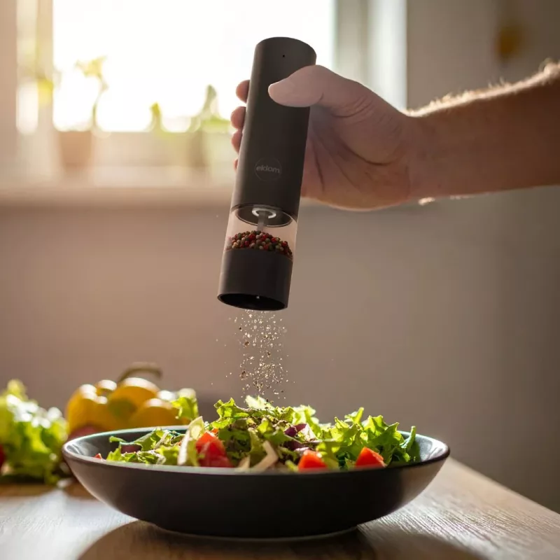 ELDOM ZMP5 batteriebetriebenes Salz- und Pfeffermühlen-Set mit Ständer, Schwarz