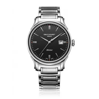 EMILE CHOURIET Herren Swiss Automatic Uhr 40mm Edelstahl Schwarzes Zifferblatt Lederarmband 081128G62586