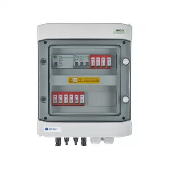 EMITER Schaltanlage angeschlossen DCAC Hermetic IP65 EMITTER mit DC-Überspannungsableiter Dehn 1000V Typ 2, 2 x PV-String, 2 x MPPT // og. AC Dehn Typ 2, 16A 3-Ph, RCD Typ A 40A/300mA