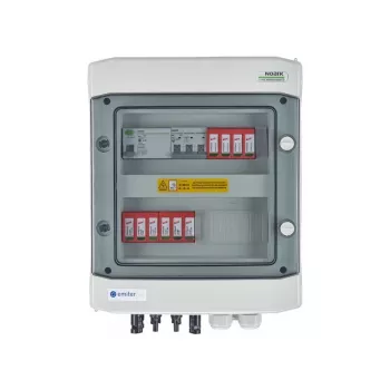 EMITER Schaltanlage DC/AC hermetisch IP65 EMITTER mit DC-Überspannungsableiter Dehn 1000V Typ 2, 2 x PV-String, 2 x MPPT // og. AC Dehn Typ 2, 10A 3-Phasen, RCD Typ A 40A/300mA