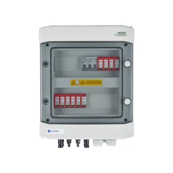 EMITER Schaltanlage angeschlossen DCAC Hermetic IP65 EMITTER mit DC-Überspannungsableiter Dehn 1000V Typ 2, 2 x PV-String, 2 x MPPT // og. AC Dehn Typ 2, 10A 3-F