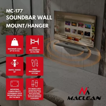 EOF Maclean MC-177 Soundbar-Wandhalterung, Stahl, Schwarz, Neigung +8° bis -8°, max. 10 kg