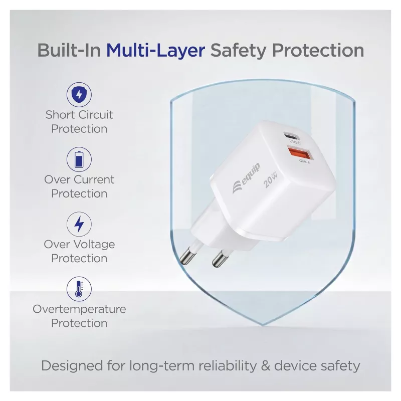 Equip 245526 2-Port USB-C PD3.0 / USB-A GaN 20W Wall Charger, Weiß