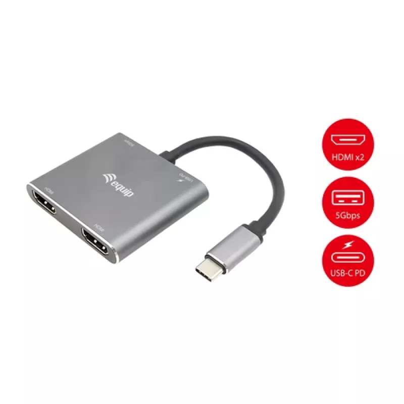 EQUIP USB-C 4-in-1 Dual-HDMI-Adapter mit 100W PD, 4K MST, Aluminium