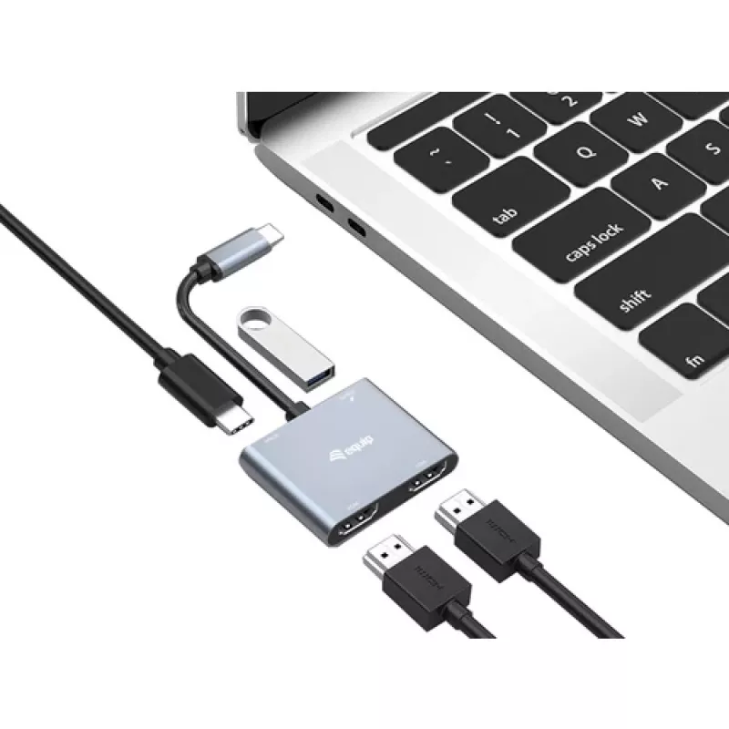 EQUIP USB-C 4-in-1 Dual-HDMI-Adapter mit 100W PD, 4K MST, Aluminium