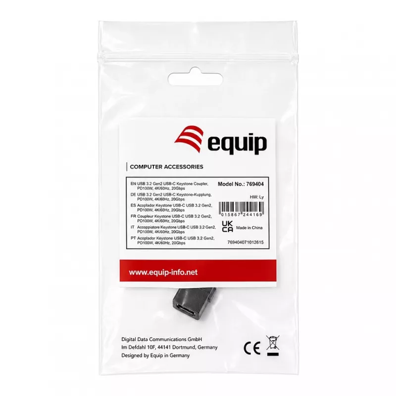 Equip USB-C Keystone Kupplung, USB 3.2 Gen 2, USB-C Buchse auf Buchse, Schwarz