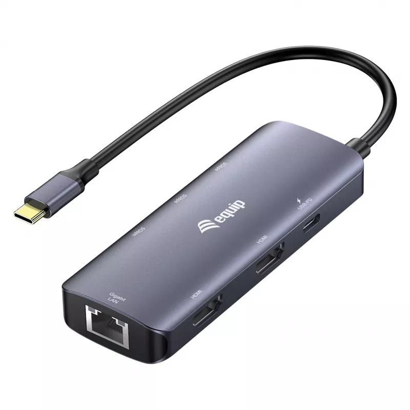 EQUIP USB-C Multiport Adapter mit 2x HDMI, RJ45, 2x USB-A, USB-C PD 100W, Grau