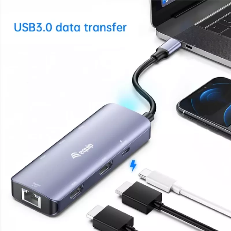 EQUIP USB-C Multiport Adapter mit 2x HDMI, RJ45, 2x USB-A, USB-C PD 100W, Grau