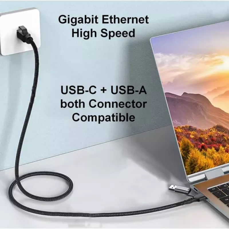 Equip USB-C + USB-A auf RJ45 Gigabit Ethernet Adapter, 5 m, Schwarz