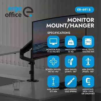 Ergo Office ER-691 B Gasfeder-Monitorhalterung für 17-32 inch Bildschirme, 1-10 kg, Matt Schwarz, VESA 75/100