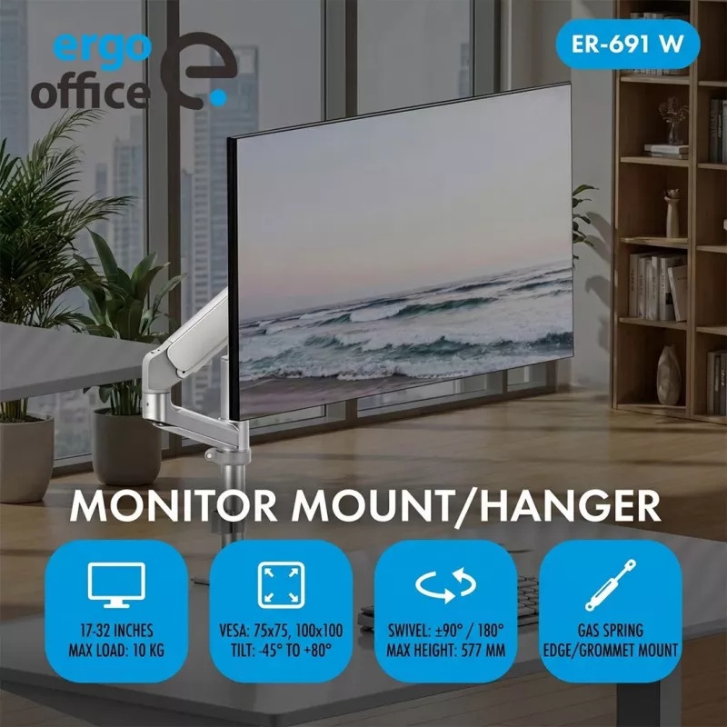 ERGO OFFICE ER-691 W Gas-Feder-Tischhalterung für 17-32 inch Monitore bis 10 kg, Mattweiß