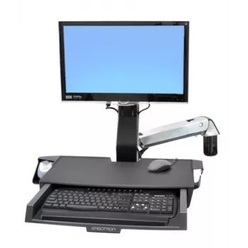 Ergotron 45-260-026 Track Mount Kit, höhenverstellbare Monitorhalterung mit Tastaturablage, herausziehbarer Mausablage, Handgelenkauflage und Barcode-Scanner-Halter, für LCDs bis 24 inch, VESA 75/100 mm, poliertes Aluminium