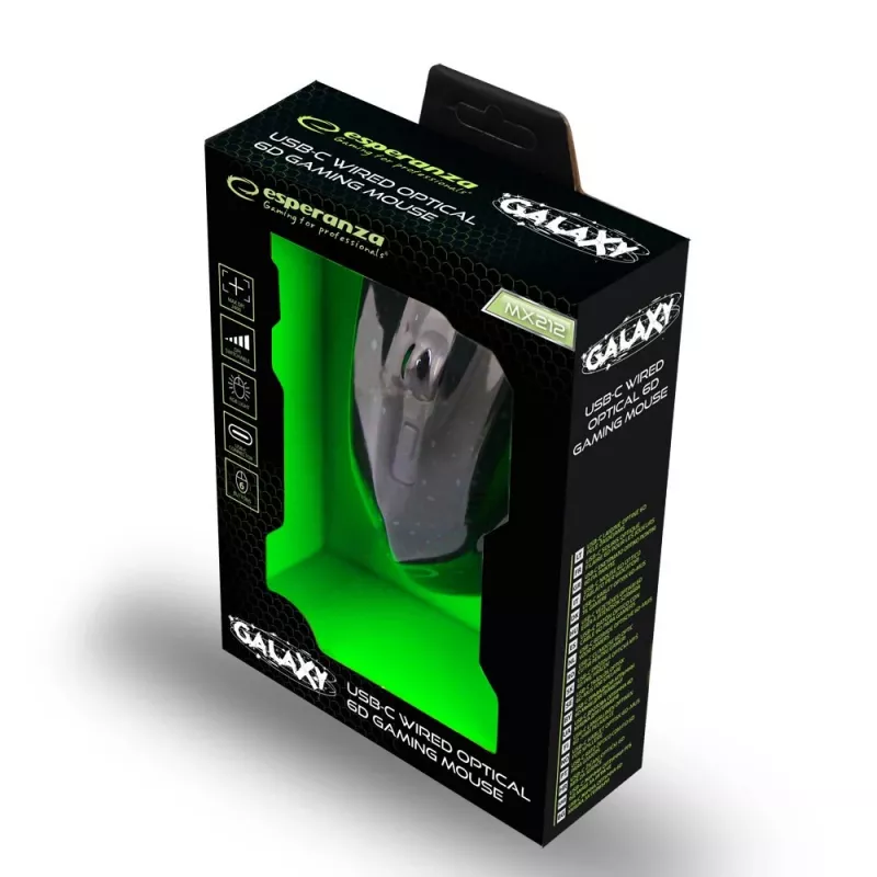 Esperanza EGM212 Kabelgebundene Optische Gaming-Maus, 2400 DPI, 6 Tasten, USB, Rechtshänder, Schwarz