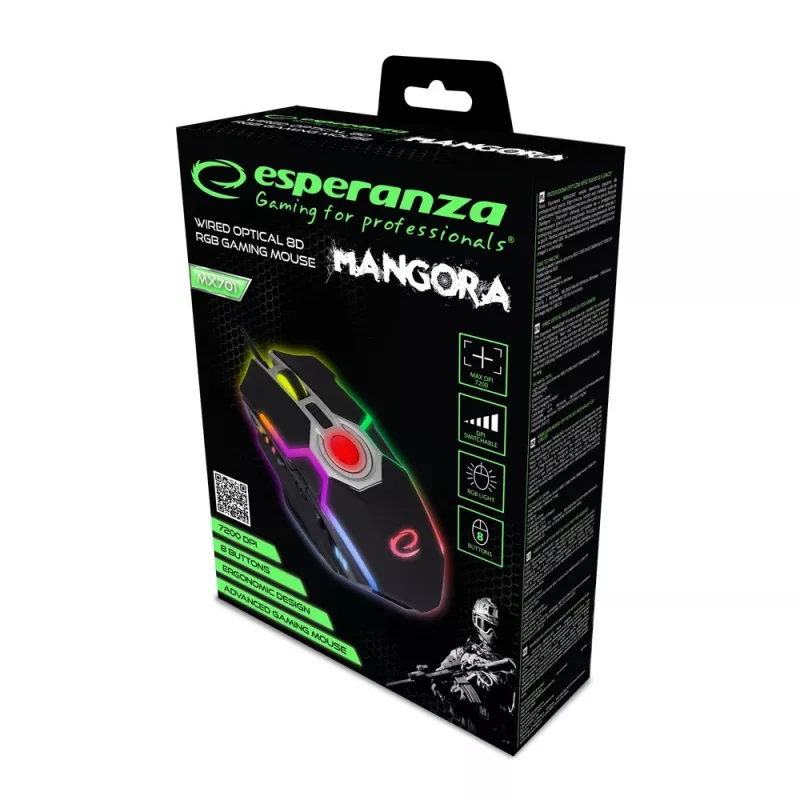 Esperanza EGM701 Mangora 8D Kabelgebundene Gaming-Maus, RGB-Beleuchtung, 7200 DPI, optischer Sensor, 6 Tasten, geflochtenes Kabel, rechtshändig, Schwarz