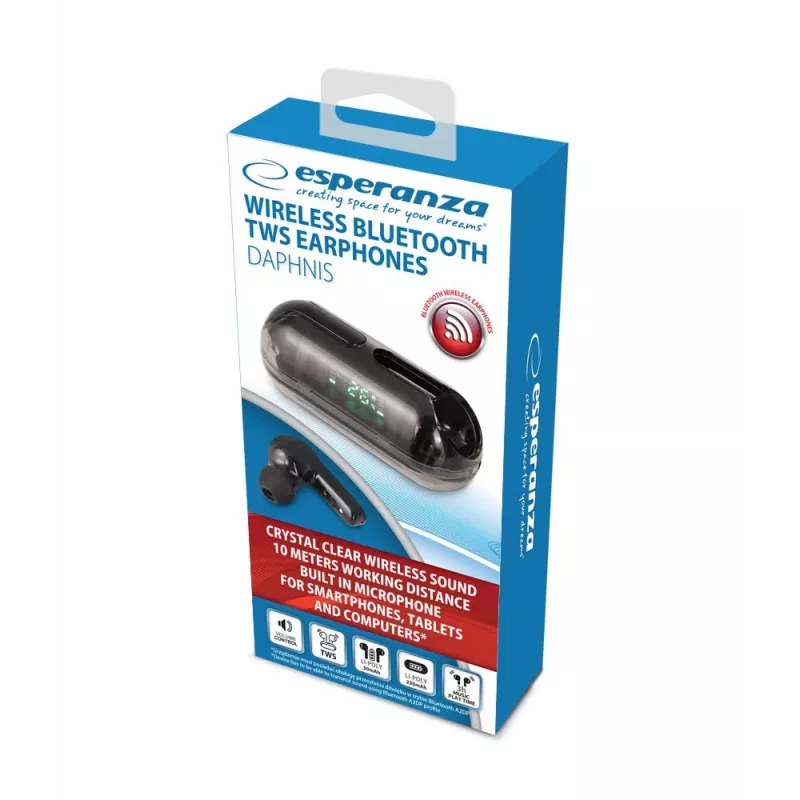 Esperanza EH239K True Wireless Stereo Bluetooth In-Ear Kopfhörer mit Ladecase, Touch-Steuerung, eingebautem Mikrofon, Schwarz