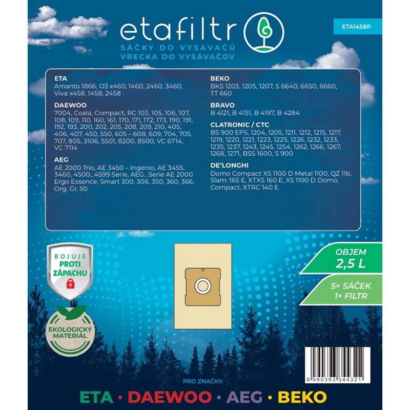 ETA Staubbeutel für ETA, Daewoo, AEG und Beko Staubsauger - 5er-Pack (Braun) | ETA1458P